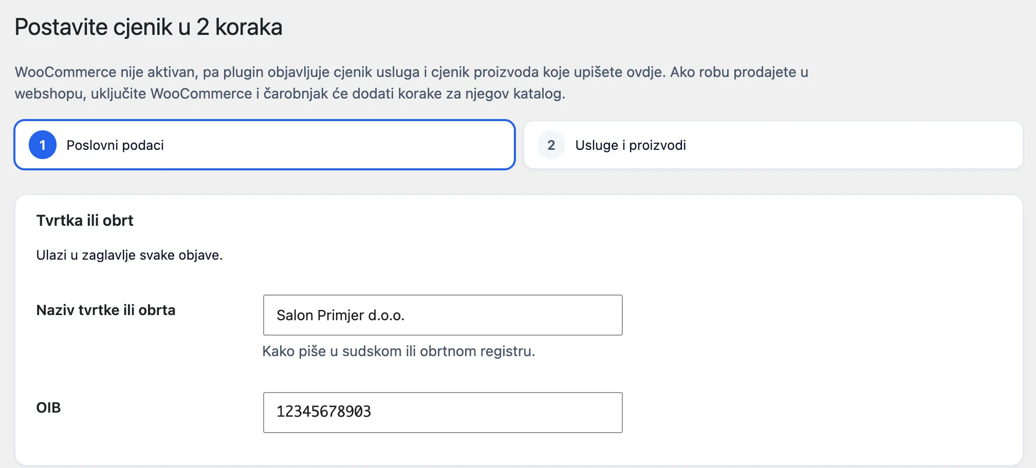 Čarobnjak bez WooCommercea: postavite cjenik u 2 koraka, poslovni podaci te usluge i proizvodi