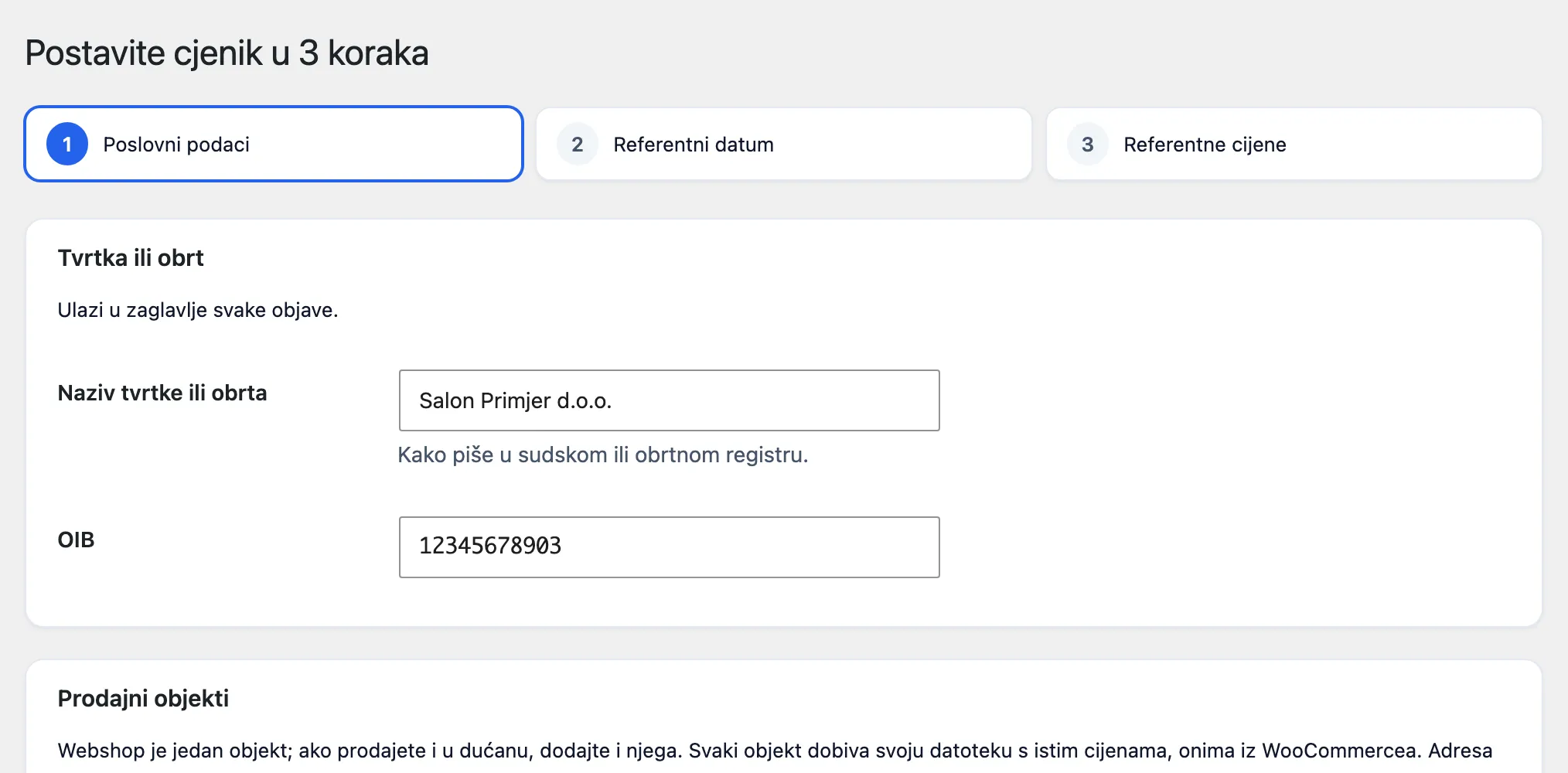 Čarobnjak u pluginu, prvi korak: naziv tvrtke i OIB te prodajni objekt s adresom iz WooCommercea