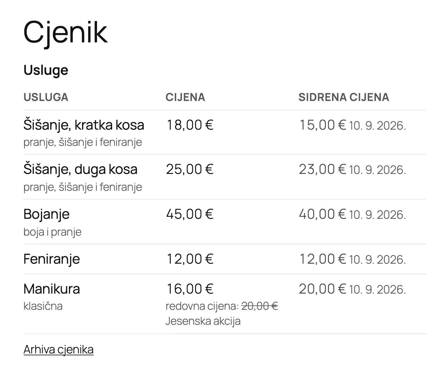 Stranica Cjenik salona u temi Twenty Twenty-Five: tablica usluga sa sidrenom cijenom i datumom, a u zadnjem retku poveznica Arhiva cjenika
