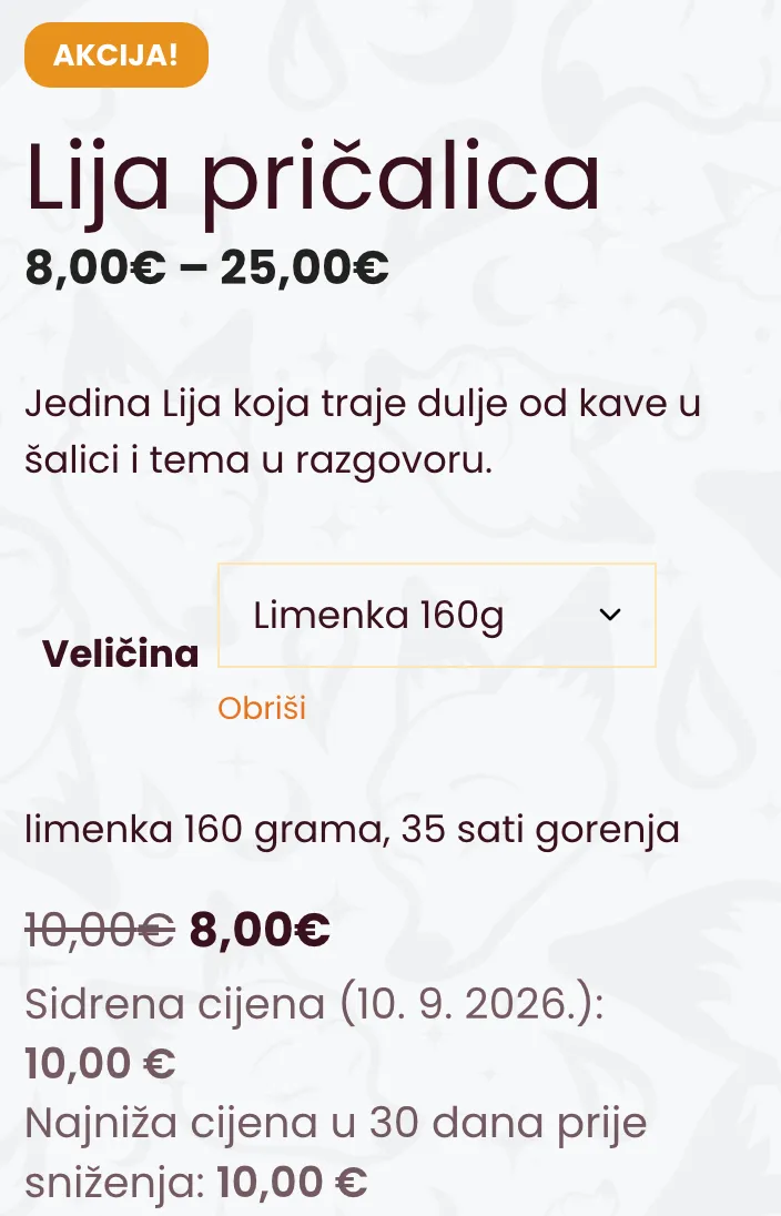 Artikl na akciji u trgovini Gospođa Lija: 8,00 € umjesto 10,00 €, a ispod cijene sidrena cijena od 10. 9. 2026. i najniža cijena u 30 dana prije sniženja, obje 10,00 €