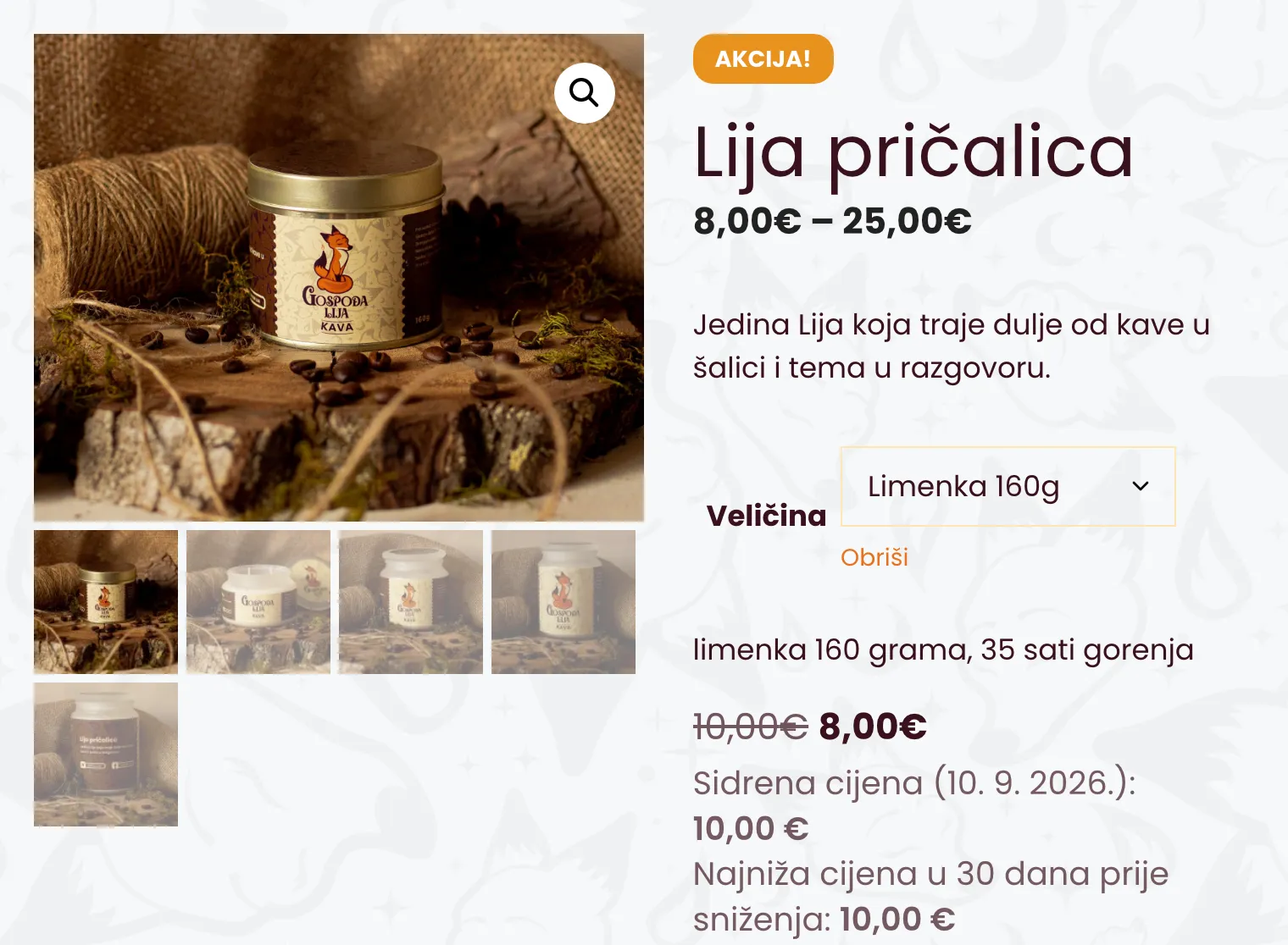 Artikl na akciji u trgovini Gospođa Lija: 8,00 € umjesto 10,00 €, a ispod cijene sidrena cijena od 10. 9. 2026. i najniža cijena u 30 dana prije sniženja, obje 10,00 €