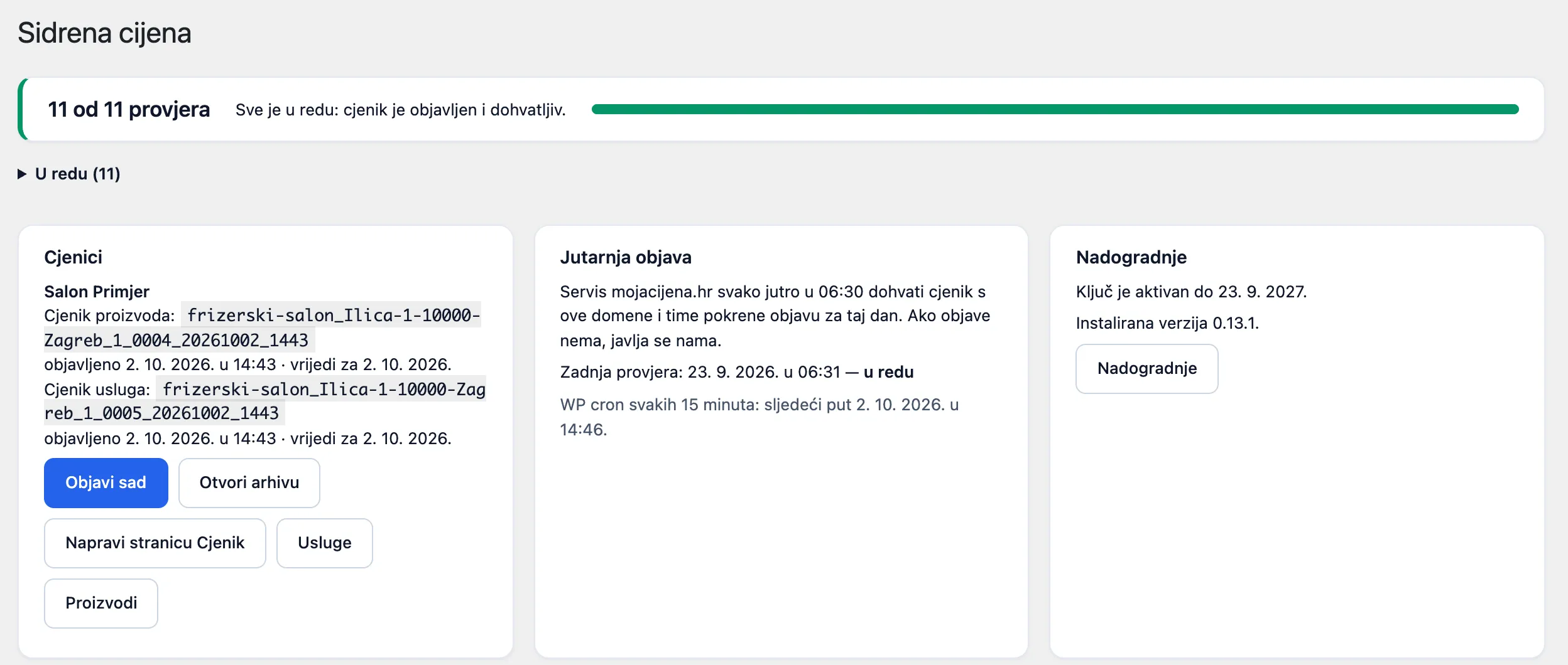 Pregled u pluginu: 11 od 11 provjera, objavljeni cjenik proizvoda i cjenik usluga salona s gumbima Objavi sad, Otvori arhivu i Napravi stranicu Cjenik, jutarnja objava i ključ za nadogradnje