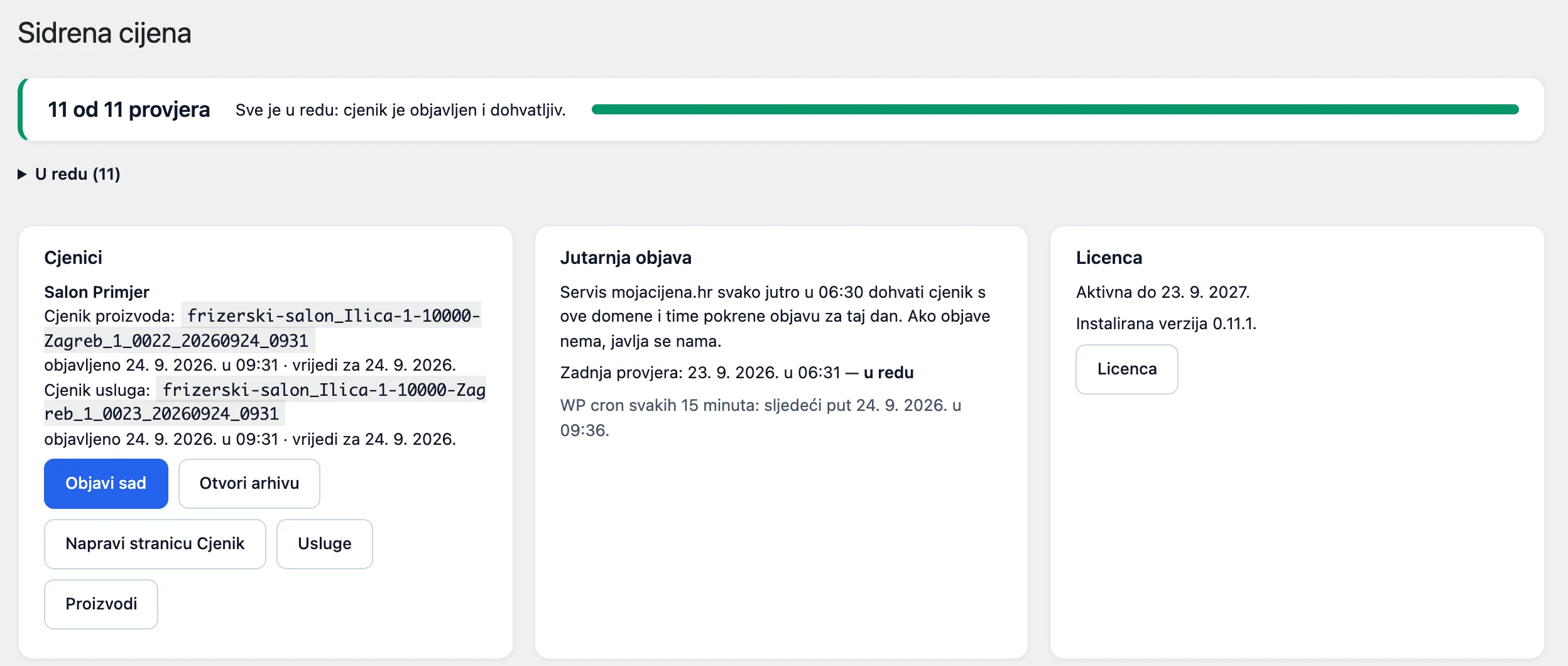 Pregled u pluginu: 11 od 11 provjera, objavljeni cjenik proizvoda i cjenik usluga salona s gumbima Objavi sad, Otvori arhivu i Napravi stranicu Cjenik, jutarnja provjera u redu i aktivna licenca