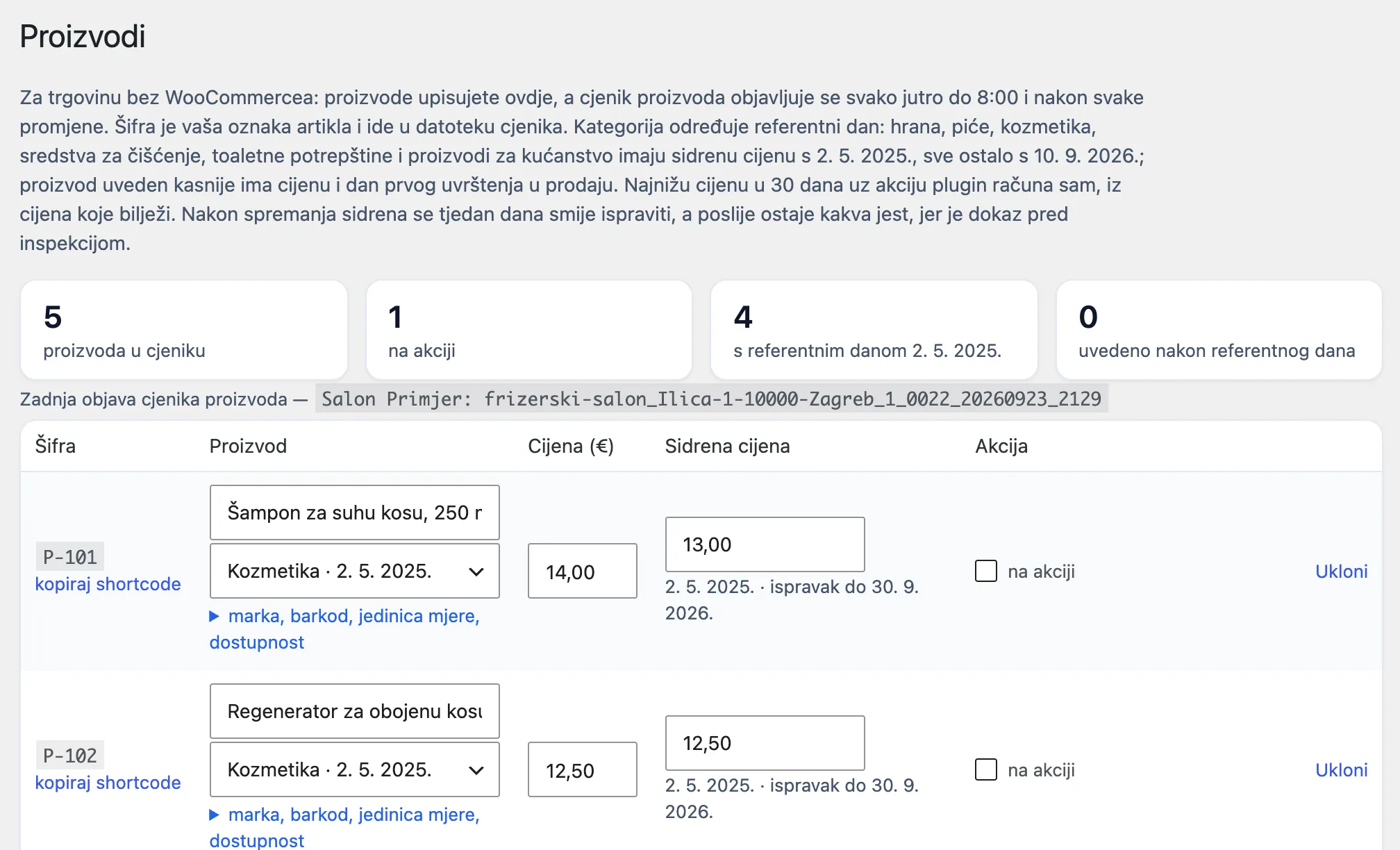 Proizvodi upisani u pluginu: šifra, naziv, kategorija s danom sidrene cijene 2. 5. 2025., cijena i sidrena cijena