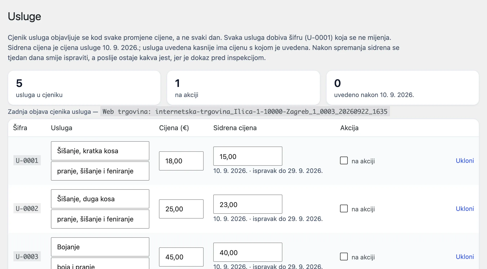 Usluge u pluginu: šifra, naziv i opis, cijena i sidrena cijena od 10. 9. 2026. s rokom za ispravak